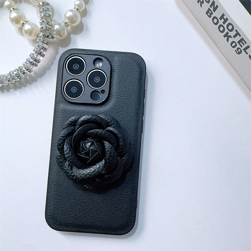 Luxury fashion stereoscopic camellia PU leather Case for iPhone 16 15 14 Phone Cover 13 12 11 Pro MAX Hard Shockproof Back Funda
