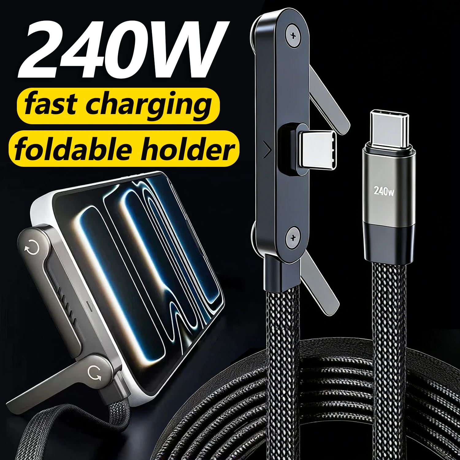 Cable de Carga Tipo C 2 en 1 y Soporte para Teléfono Invisible 90 ° Cable de Carga Ellow Holder de 240W, Cable de Datos de Carga Rápida de Alta Velocidad