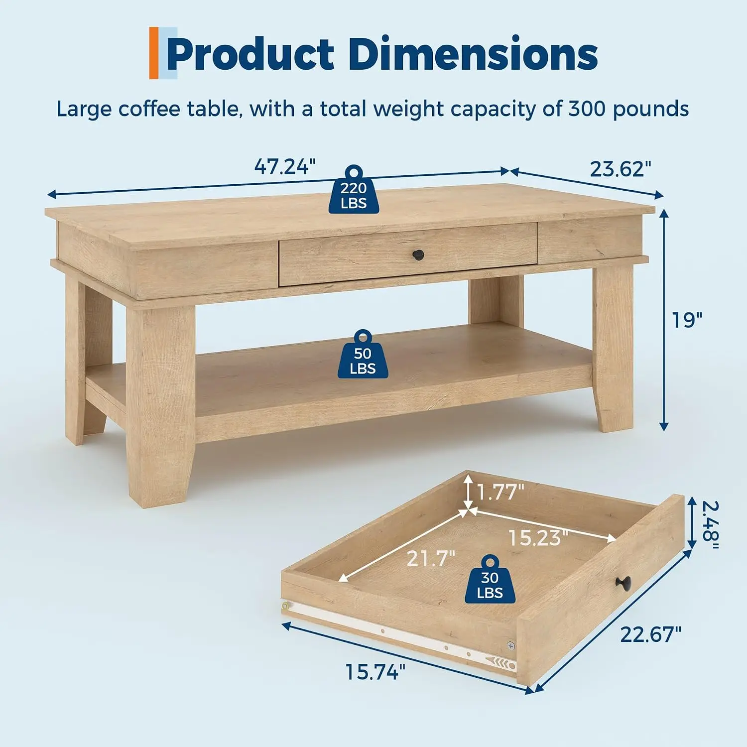 Rectangular Coffee Table with Drawer & Shelf, Living Room Center Table, Rustic Wood Finish, Stable Structure