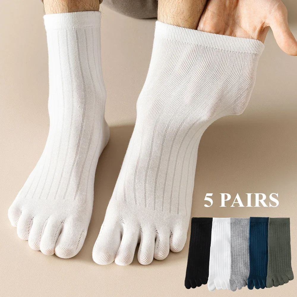 

5 Pairs Men Summer Five Finger Socks Mesh Thin Striped Toe Socks Middle Tube Crew Socks with Separate Fingers Cotton