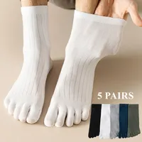 5 Pairs Men Summer Five Finger Socks Mesh Thin Striped Toe Socks Middle Tube Crew Socks with Separate Fingers Cotton