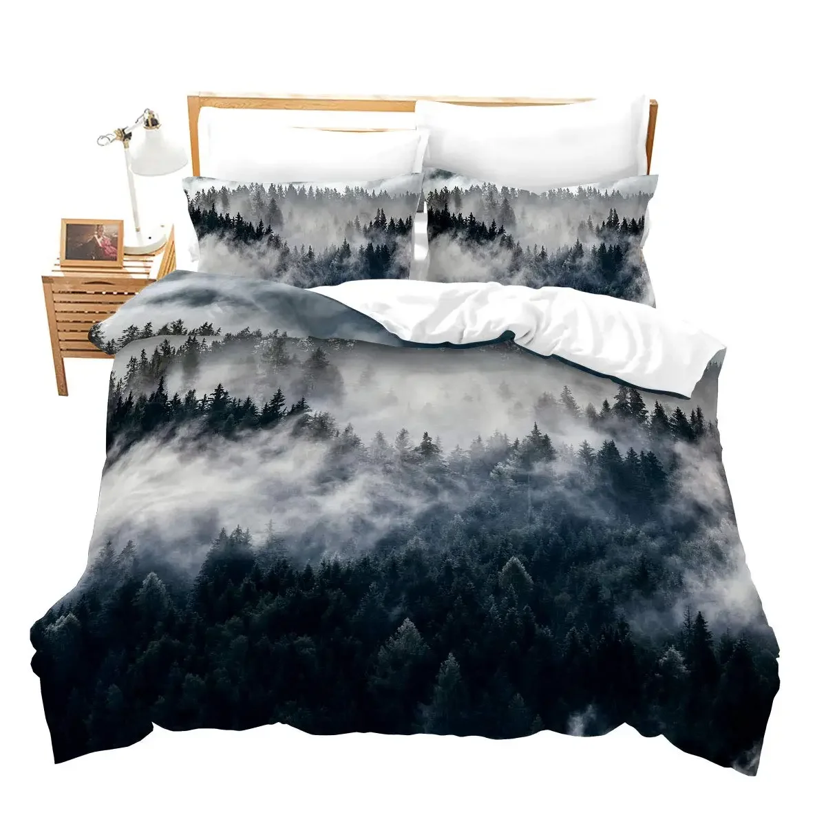 Smoky Mountain Bedding Set Pineforest Duvet Cover Grey Tree Natural Scenery Art Comforter Cover Firforest＆Arrow Folk Retro Decor