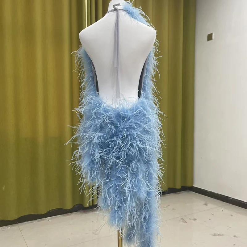 Neuestes Design eines Kleides aus 100% natürlichen Straußenfedern, mehrfach geschwungenes Design, durchsichtiges rückenfreies Kleid, sexy Damenkleid. – Detail 3