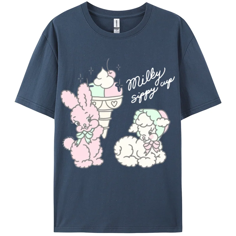 Summer Women's Cotton T-Shirt Black Fairy Tale Theme Cartoon Lamb Rabbit Print Oversized Round Neck Short Sleeve Y2K Cute Design