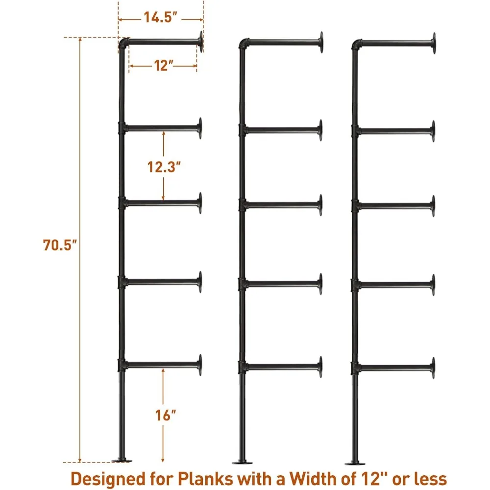 HITOMEN Industrial Iron Pipe Shelves, 3 Set 5-Tier 70.5 Tall 12 Depth, DIY Open Bookshelf Bookcase, Wall Mounted Vintage Retro S