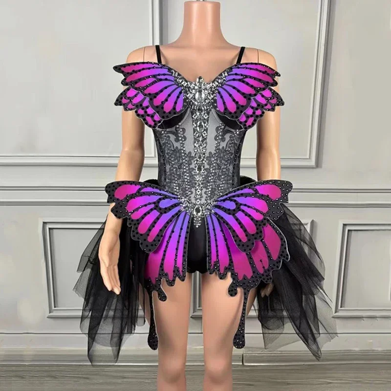 Strass Vlinder Bodysuit Vrouwen Party Gogo Danser Kostuums Festival Outfit Dj Ds Stage Jazz Dans Jurken