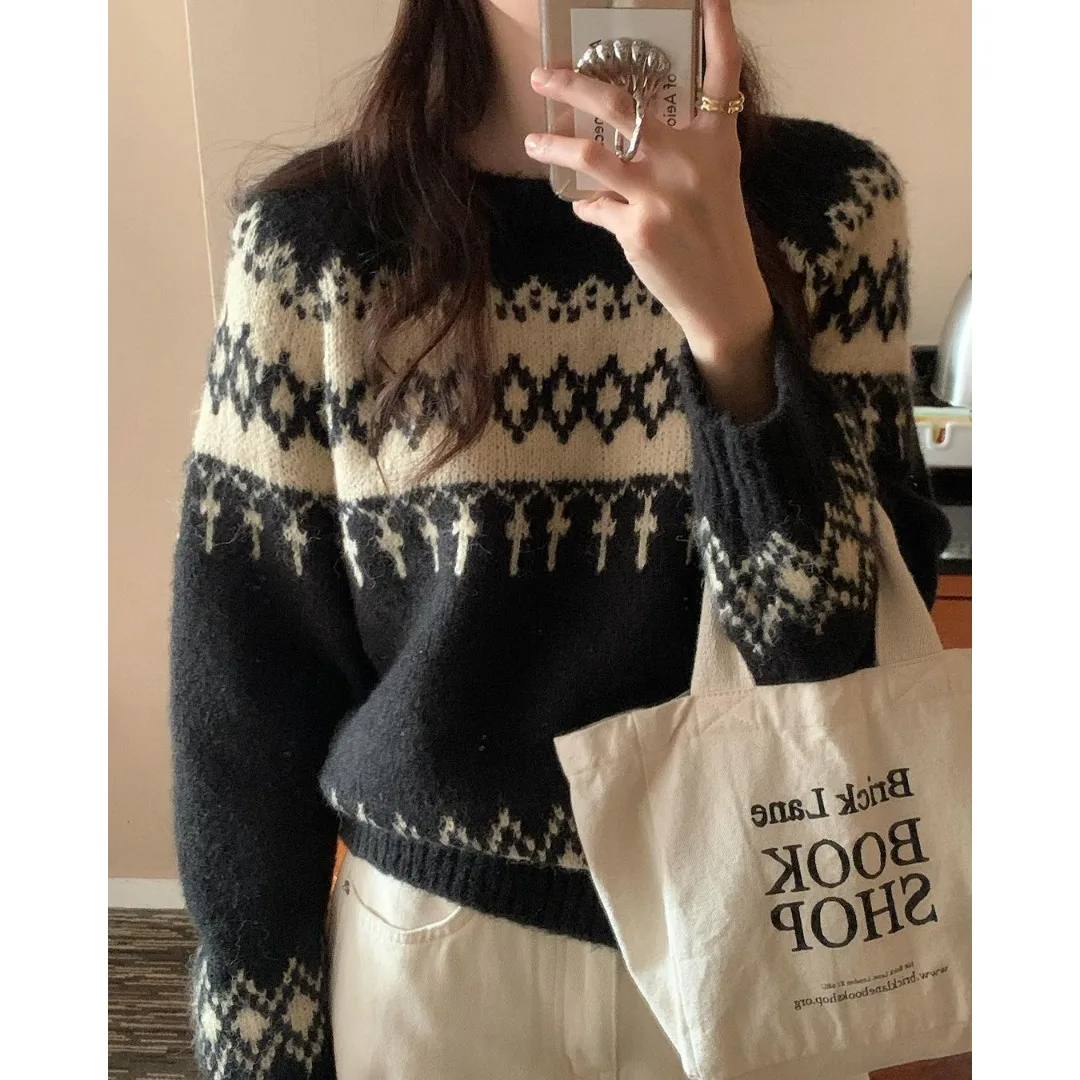

Retro Knitted round Ne Sweater with Embroidery Korean Sle Soft Medium Thin Spring Autumn Winter Casual ex