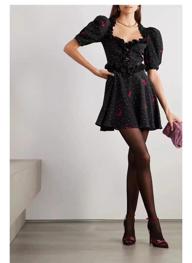 

Women's 2024 fashion niche bubble sleeve cherry polka dot short dress