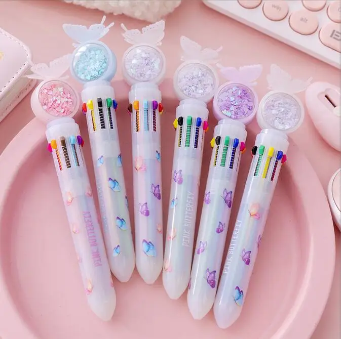 

24 pcs/lot Kawaii Butterfly Sequins 10 Colors Ballpoint Pen Cute Press Ball Pens School Office Writing Supplies Stationery Gift