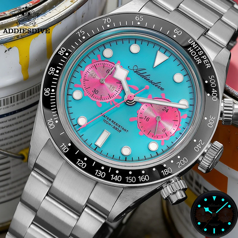 

Мужские кварцевые часы ADDIESDIVE 2026New Luxury VK64, хронограф, керамический безель, светящееся куполообразное стекло, водонепроницаемость 100 м