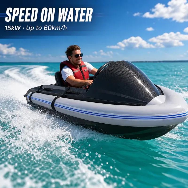 High-Speed Electric Silicone Auto Jet Ski Boat 15KW Motor 50km/h 2 Seats 72V 50AH Battery Black 2400mm