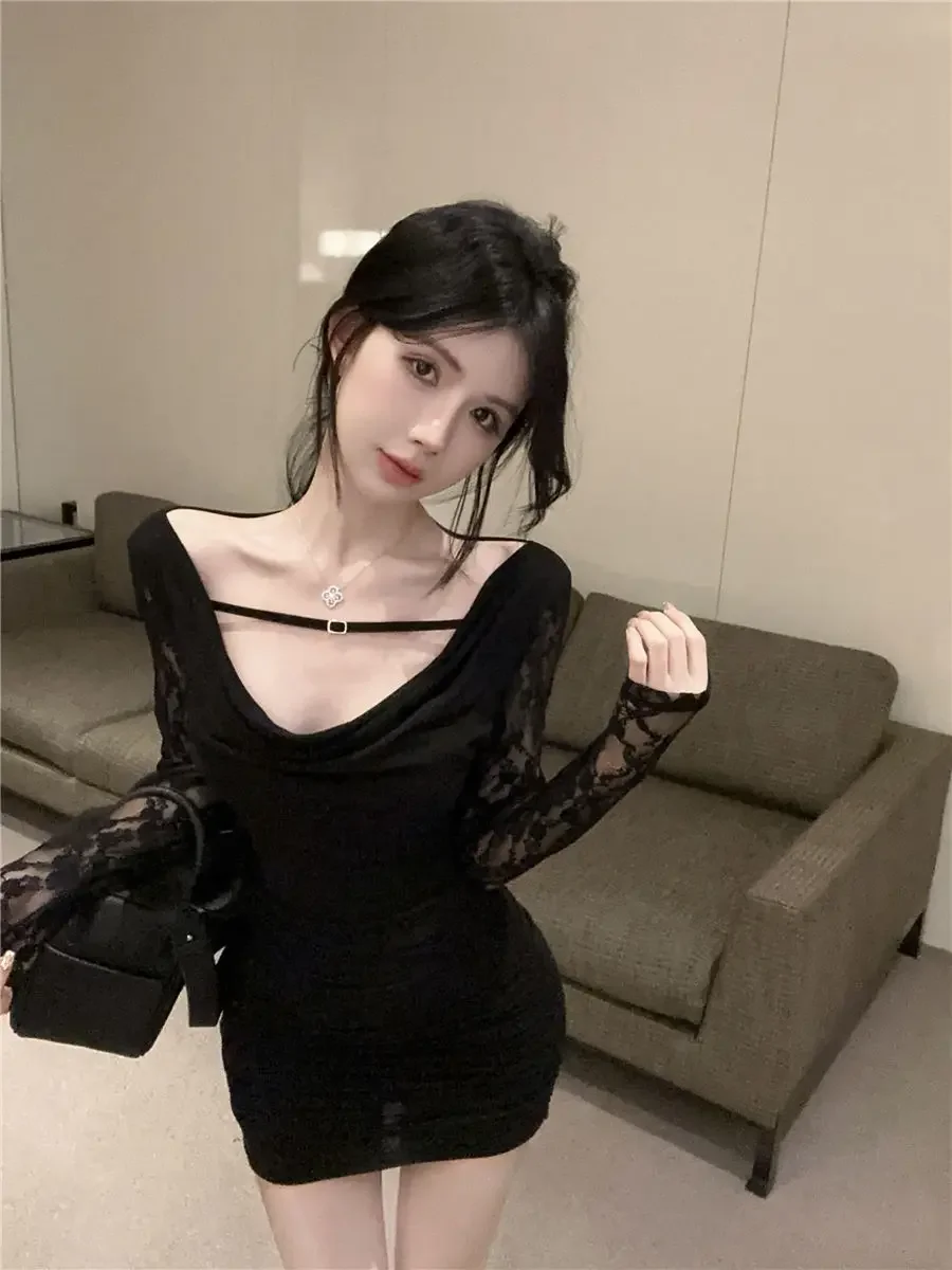 Seksowna sukienka Hotsweet koronkowy patchwork kołnierzyk z kołnierzykiem Off ramię Mini sukienki damskie czarne Bodycon Vestidos Femme