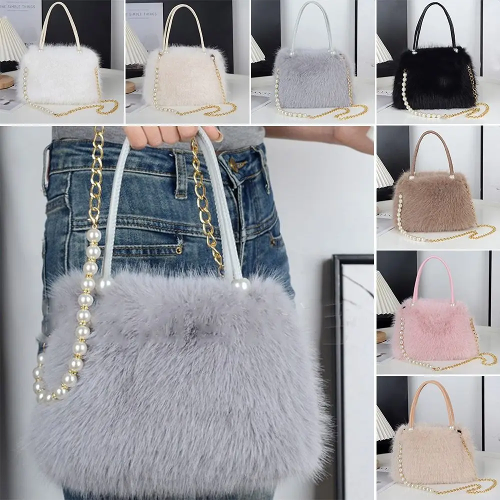 

Fashionable Pearl Imitation Fox Fur Bag Plush Large Capacity Handbag Lightweight Solid Color Tote Bag Women's