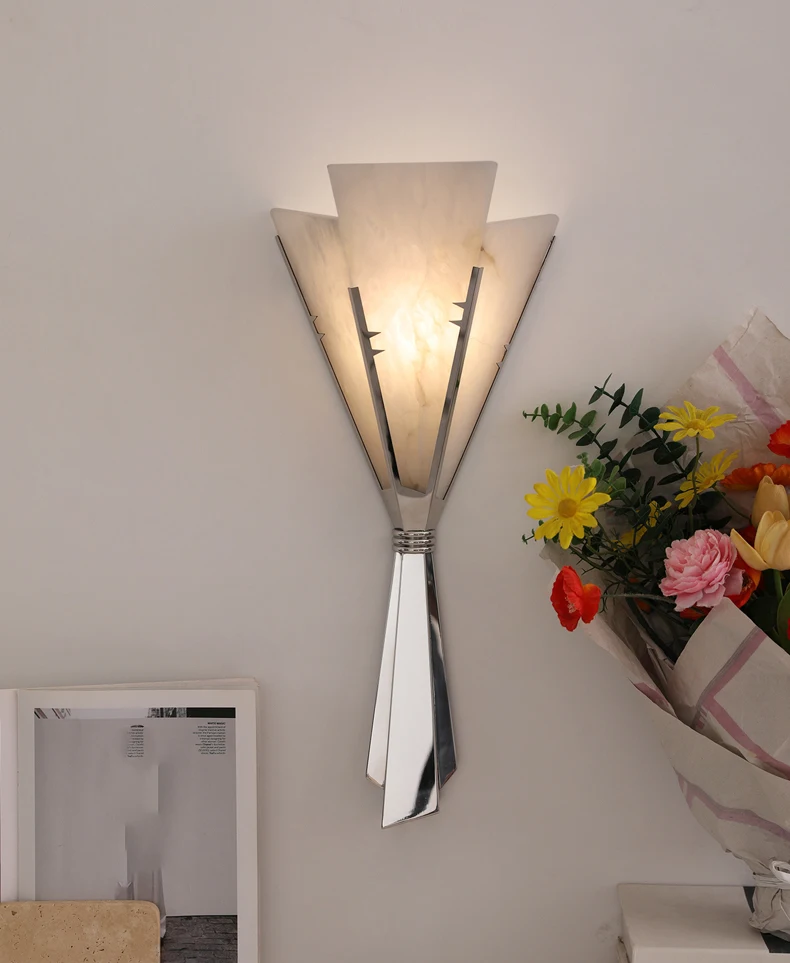 Art Chrome Metal Wall Light Natural Marble Stainless Steel