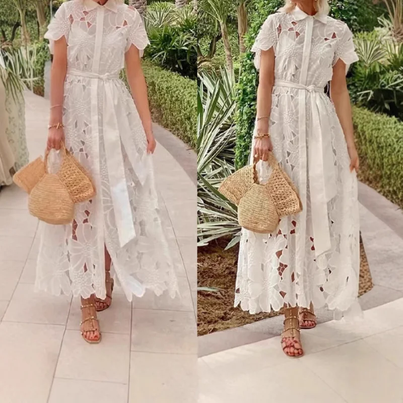 

New and Popular2025European and American Fashion Casual Lace Cardigan Solid Color Single Breasted Dress Women