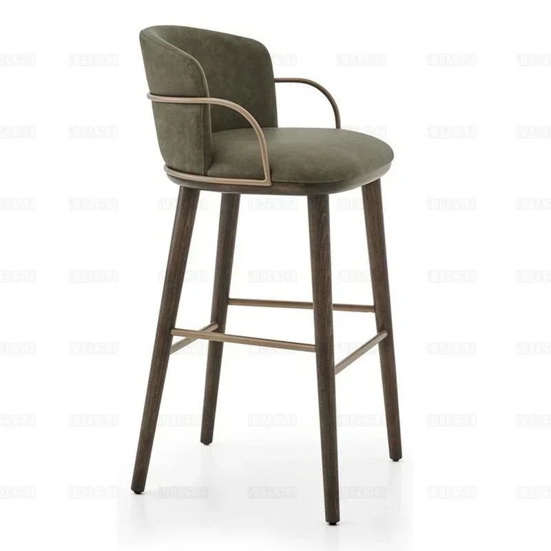 Custom Nordic Luxury Bar Stool Wrought Iron and Solid Wood High Feet Design Stylish Armchair for Hotel and Home Bar Counter Furn