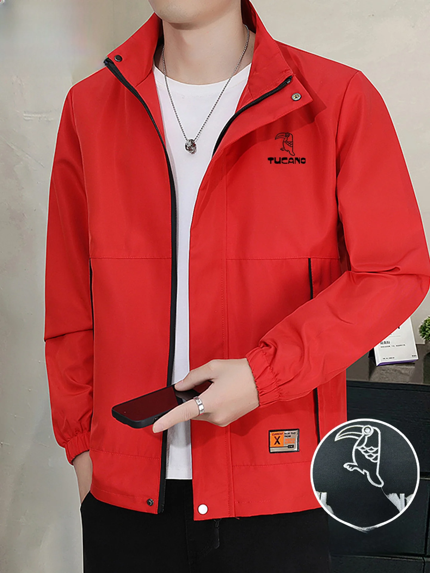 

Red Embroidered Fce Lined Casual Jaet Stand Collar Youth Faion Spring Autumn Men's Clothing Dry Fast Polyester Fabric