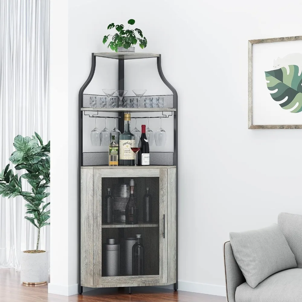 Corner Wine Bar Rack Cabinet with Detachable Wine Rack, Bar Cabinet with Glass Holder, Small Sideboard