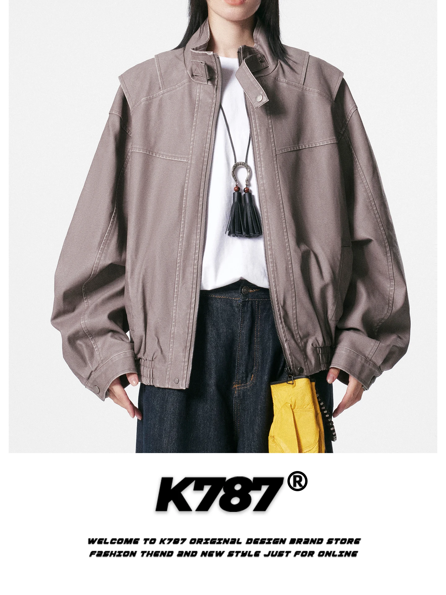 

K787 American Retro Cleanfit Stand Collar ort PU Leather Jaet Men's Motorcycle Jaet Couple's Outerwear Youth Trend