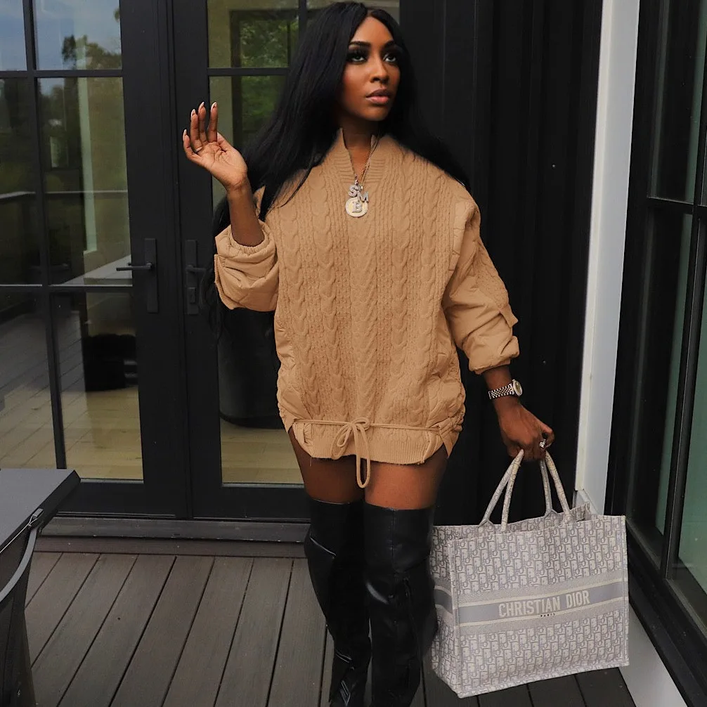 Women Knitted Parkas Coats Spliced Jackets Drawstring Long Sleeves Loose Y2k Solid Thick Casual Streetwear 2025 Autumn Winter