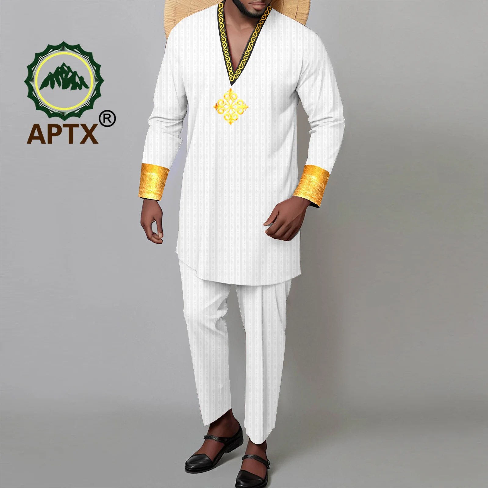APTX African Clothes for Men Summer Traditional 2 Pieces Set V-neck Embroidery Shirt Pants Wedding National Causal Wear A2316033