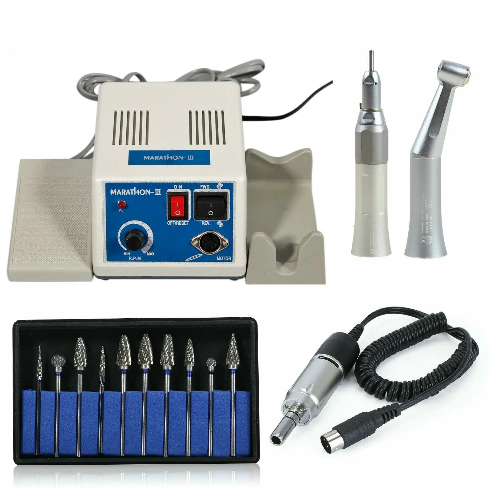 Dental Lab Marathon Electric Polisher N3 Machine/35K RPM Micro motor/Nsk Style Low Straight/Contra AngleHandpiece+10 Drill Burs