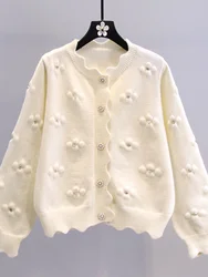 Korean V-neck Sweater Spring Autumn Three-dimensional Beading Flower Long Sleeve Coat Women's Solid knitted Cardigan Top