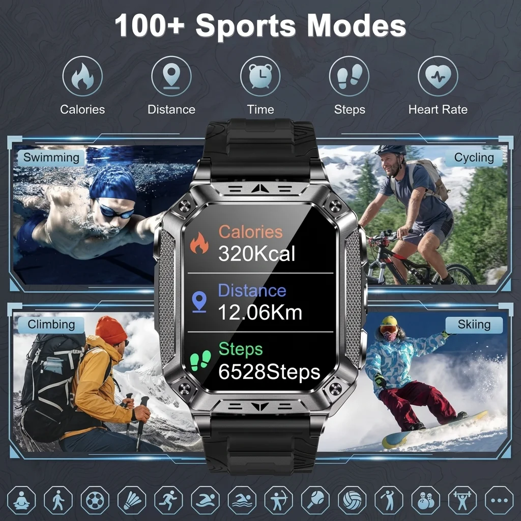 2026 新しい軍事グレード 1400mAh スポーツスマー - Smartwatch Military Watches For Men のレビューと価格