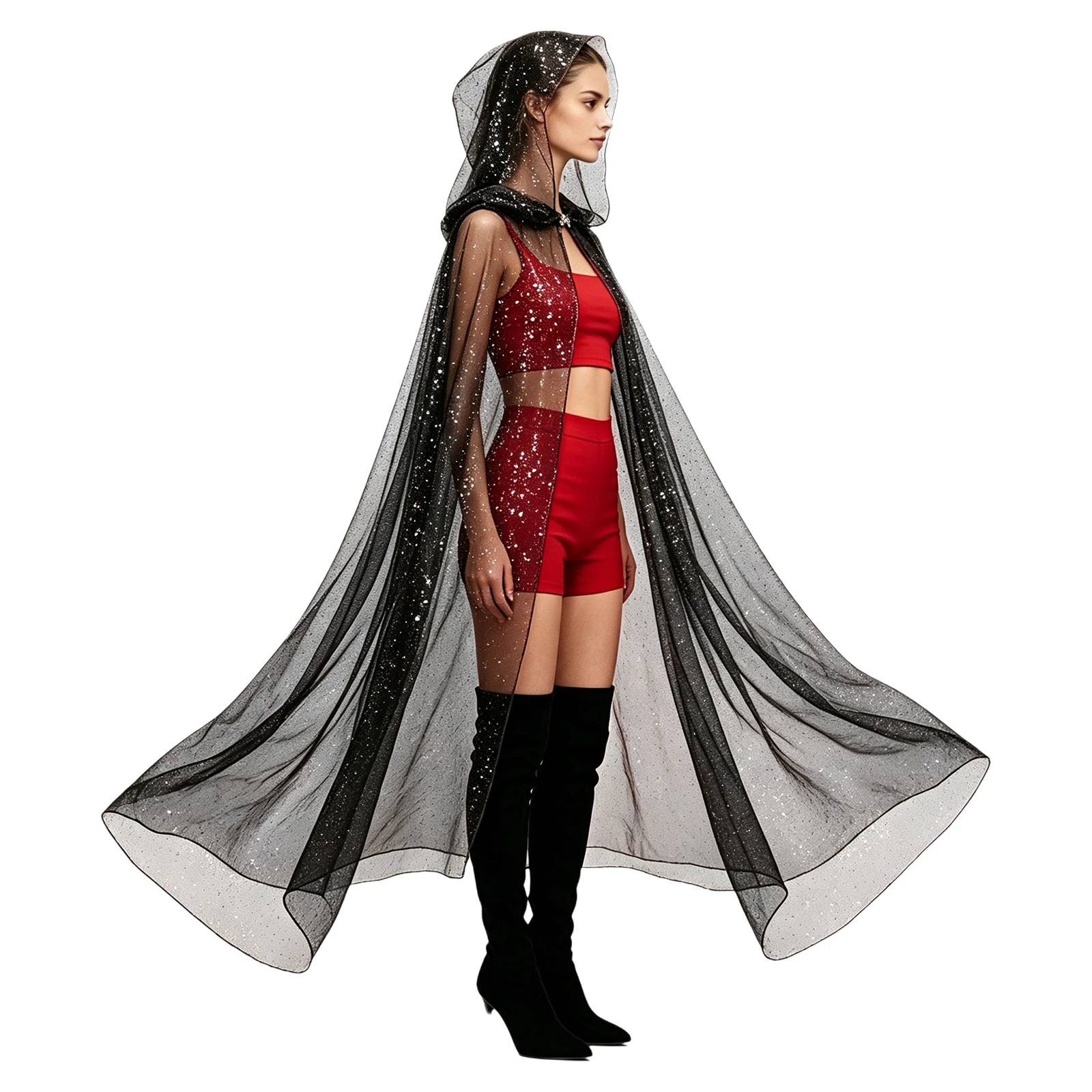 Womens Long Sheer Cape Hooded Star Mesh Tulle Cape Cloak with Rhinestone Clasp for Cosplay Stage Performance Halloween Party