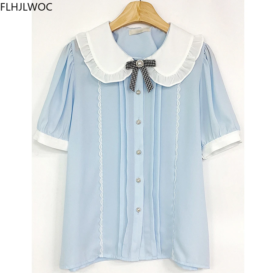 Cute Sweet Girls Japan Korea 2022 Woman Ribbon Bow Tie Retro Vintalge Top Blusas Light Blue Ruffles Lace White Button Shirts