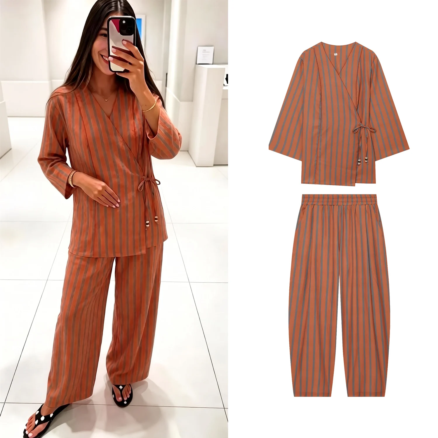 Women's Casual Striped Pants Set Or Female Kimono Style Long Sleeves Bead Lace-Up Shirt Top Or Lady Vacation Elastic Waist Pants