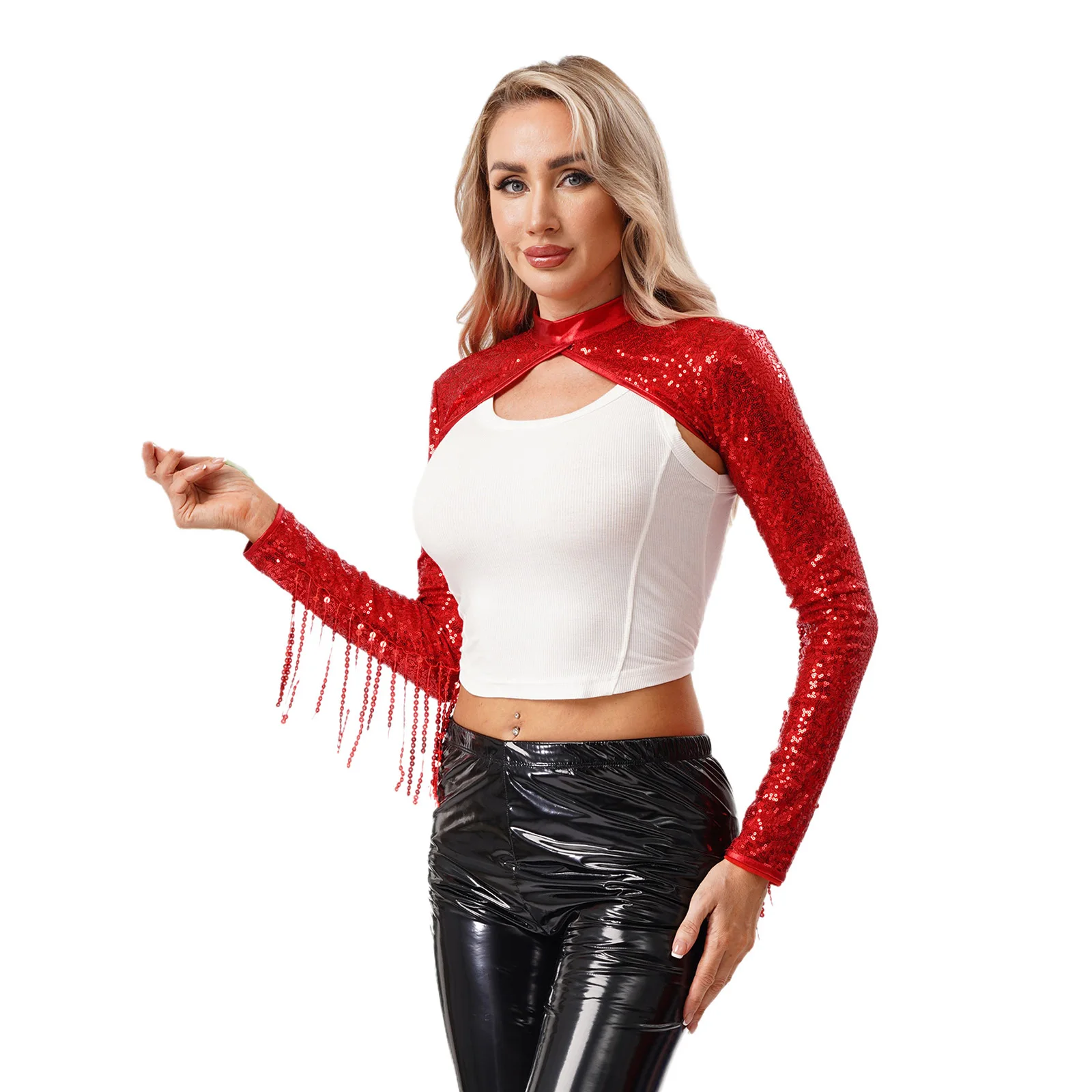 

Женское болеро с блестками и бахромой, пальто с длинными рукавами и кисточками, полностью подкладка с блестками, шали, укороченный кардиган