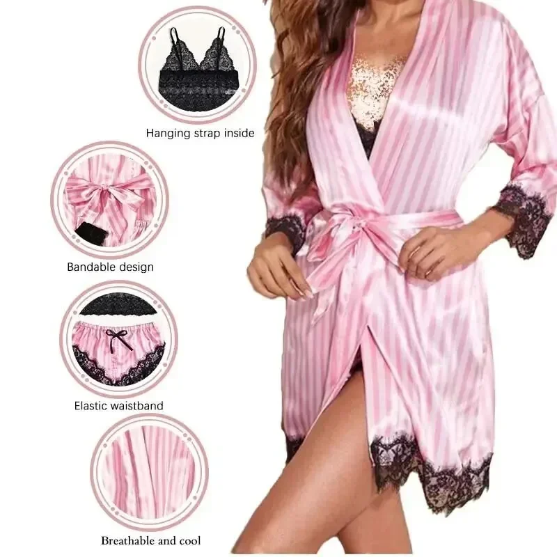 Women's Summer Fashion and Comfortable Nightwear Lace Satin with Silk Sleepwear Robe Sexy Pajama Pants Home Clothes  Sleepwear