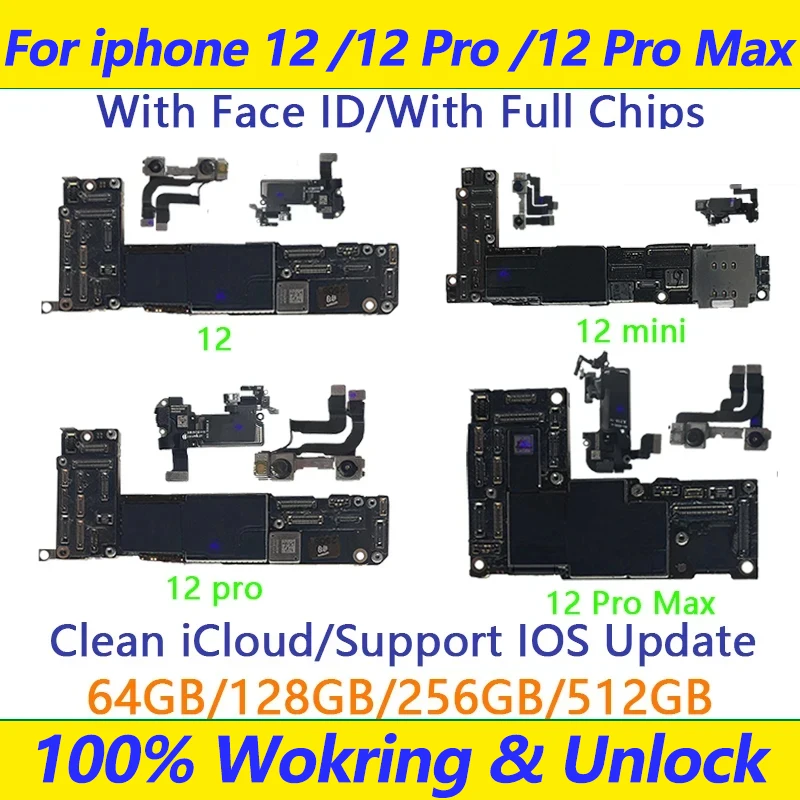 Tested For iphone 12 pro max board Clean iCloud Support iOS Update for iPhone 12 pro Motherboard placa with Face ID Logic Board