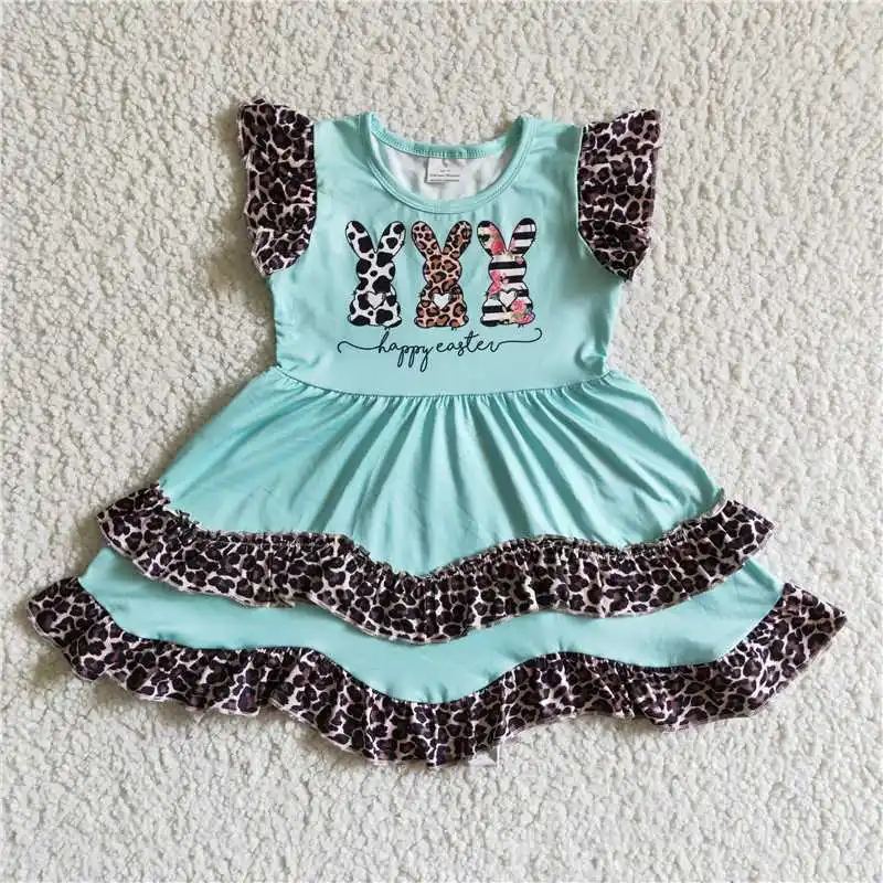 

Wholesale Summer Girls Small Flying Sleeves Easter Dress With ColorSplicing And Belt Ruffle