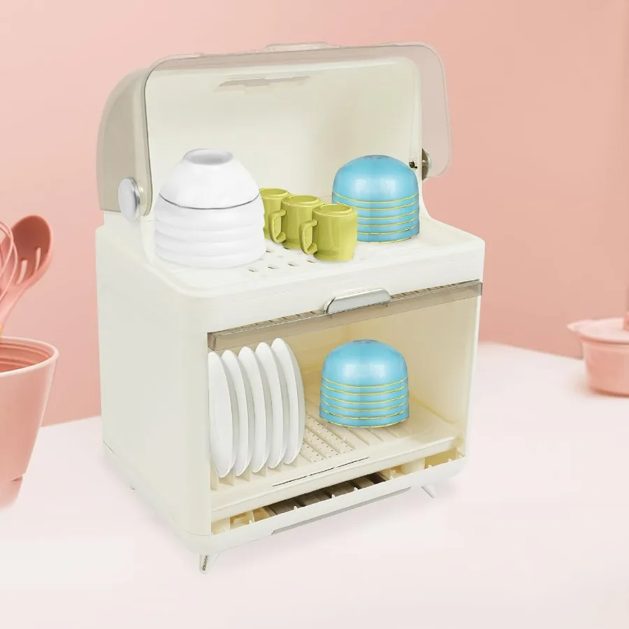 رف تجفيف الأطباق بطبقتين مع غطاء، صندوق تجفيف أطباق المطبخ مقاس 14.5 × 10 × 19.7 بوصة، منظم أطباق بلاستيكي من البولي بروبيلين مع تجفيف أدوات المائدة