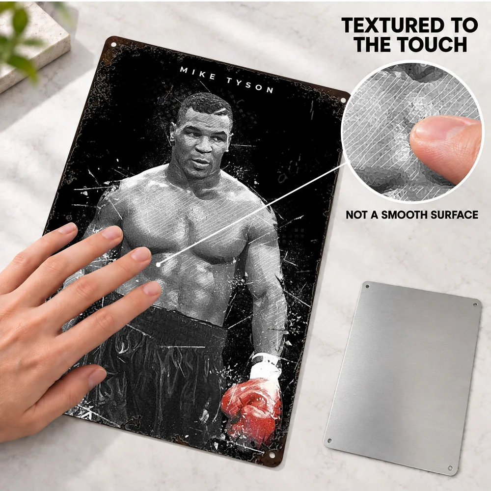 Mike Tyson Boxing Guard Printed Poster Customized Aluminum Metal Sign Red Gloves Monochrome Figure Wall Art For Fitness Studio