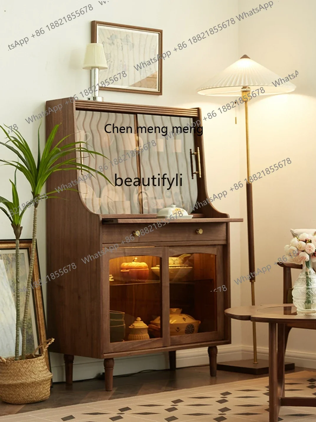 

ss7304Sideboard Cabinet Wall-Mounted Black Walnut Solid Wood Living Room Cabinet Vintage Wine Cabinet Locker