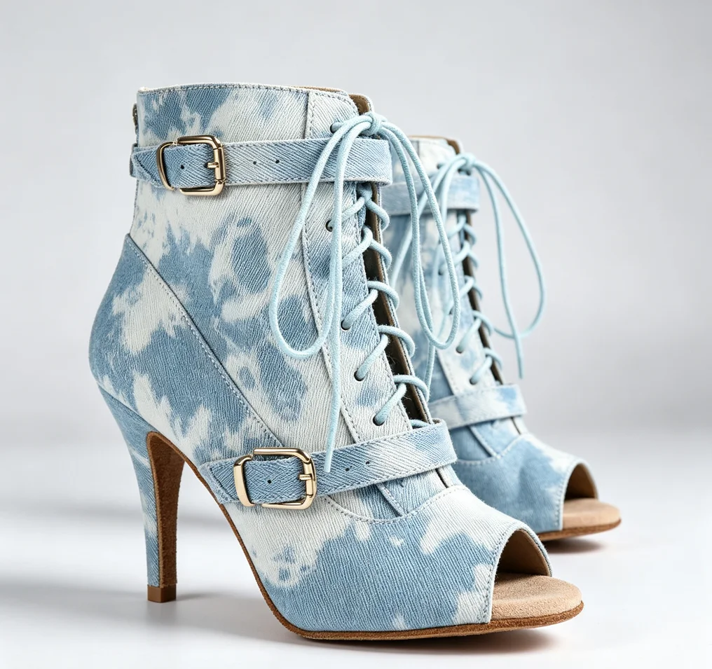 EVK Women's Denim Tie-Dye Ankle Boots Open Toe Lace-Up Double Buckle Stiletto Heel Suede Sole Latin Salsa Ballroom Party Dancing