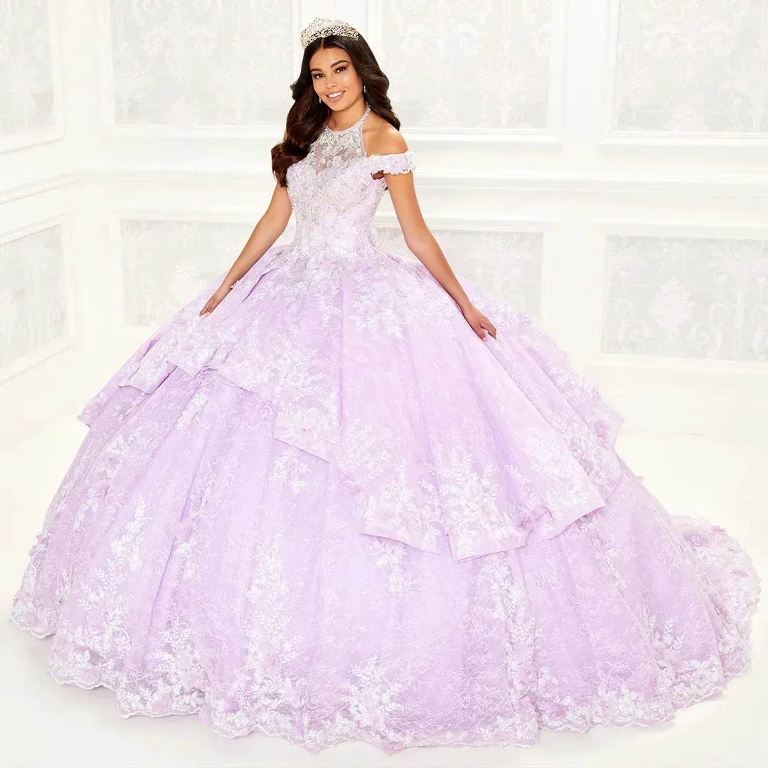 Lilac Charro Quinceanera Ball Gown ปิดไหล่ Appliques ลูกไม้ Puffy เม็กซิกันหวาน 16 ชุด 15 Anos ที่กําหนดเอง