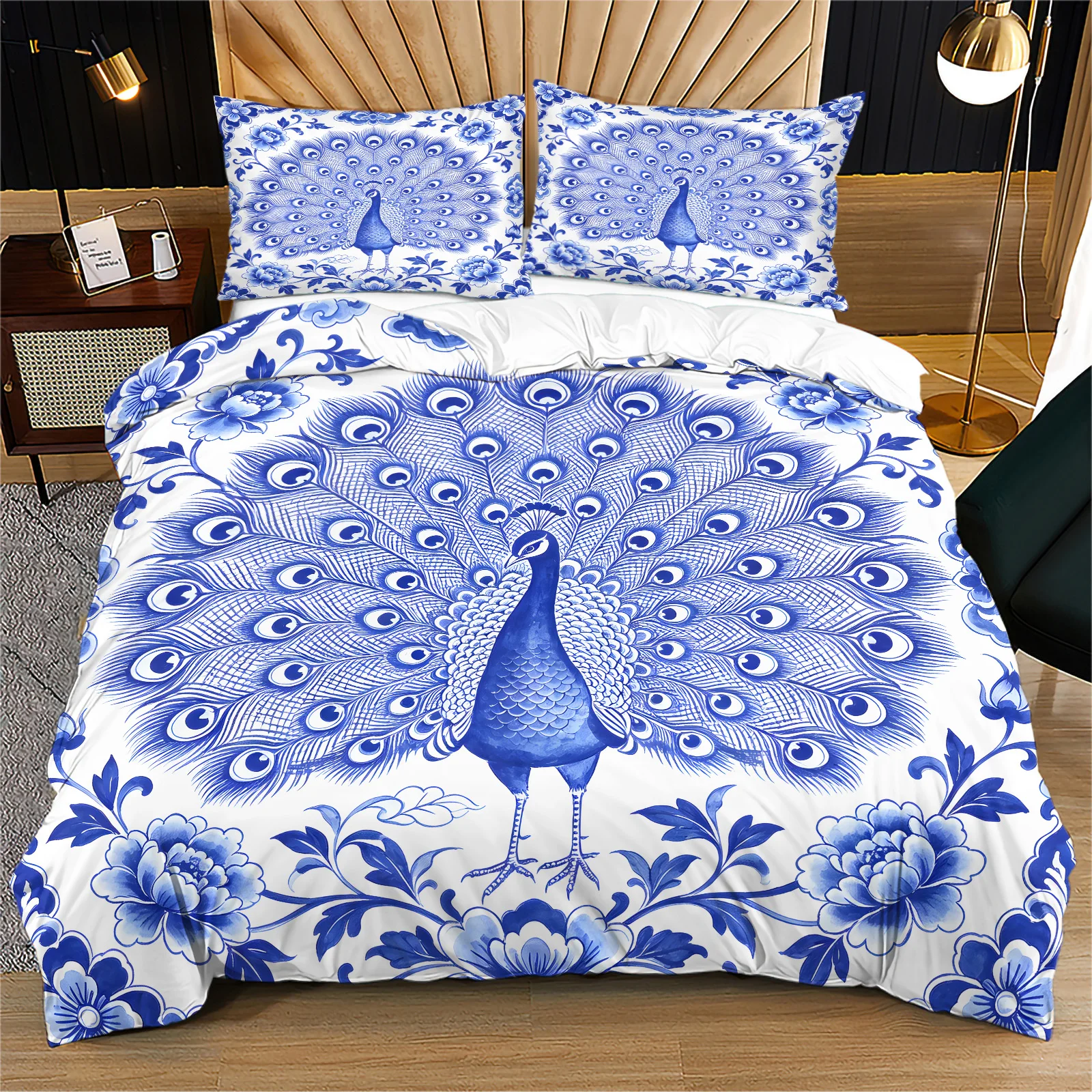 Oriental Blue and White Porcelain Peacock Duvet Cover Set Chinese Style Peony Floral Bedding Set Chinese Traditional Home Decor