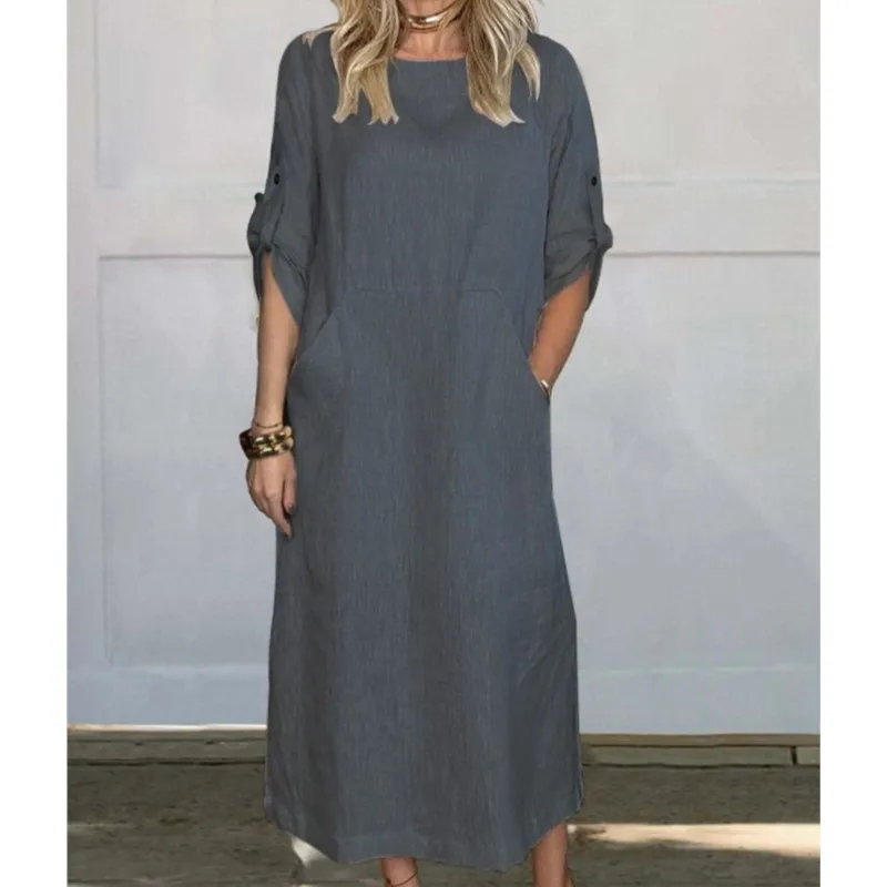 2025, novedad de verano, vestidos de algodón para mujer, moda sólida, suelto, manga corta, cuello de jardín, bolsillo, vestidos blancos de longitud media, bata elegante