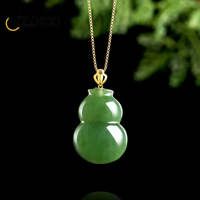 

Кулон из натурального нефрита Хэтянь, яшма, тыква, 18-каратное золото, инкрустированное ручной резьбой, изысканное модное ожерелье из зеленого нефрита со шпинатом, женский подарок