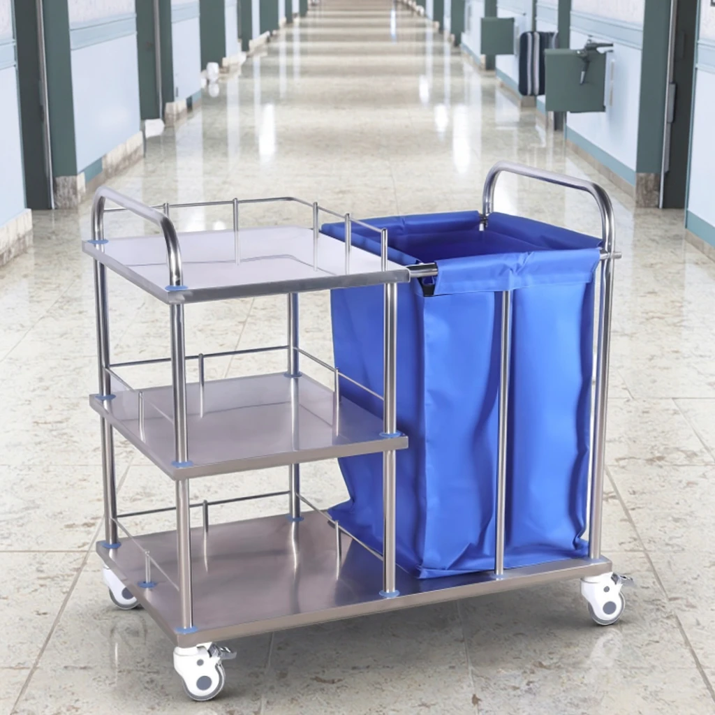 Heavy duty stainless steel hospital furniture care cart with 3 shelves, laundry bags, and 4 silent wheels