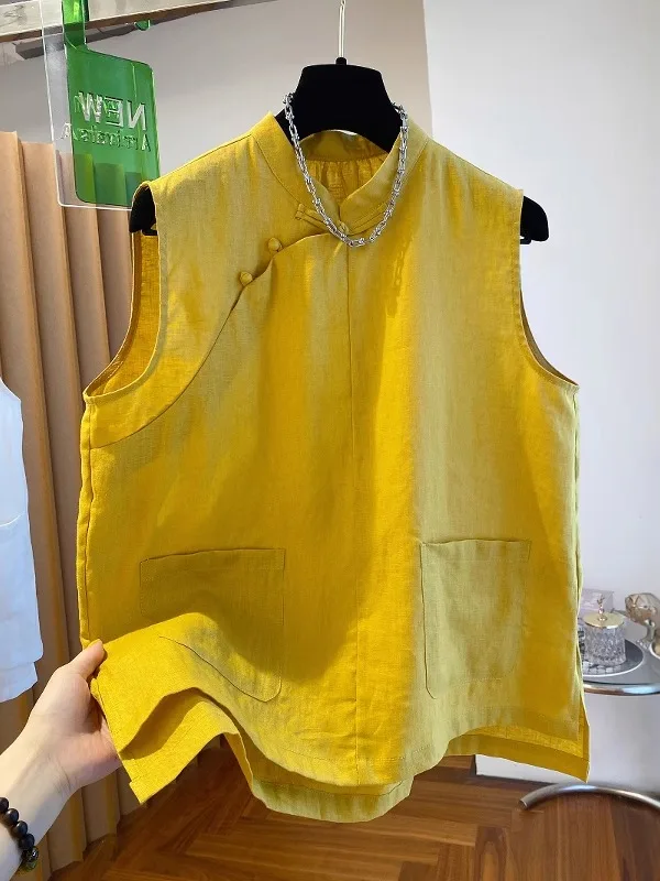 

Жилет женский свободного кроя с воротником-стойкой, на пуговицах, в традиционном китайском стиле, больших размеров, для лета и повседневной носки