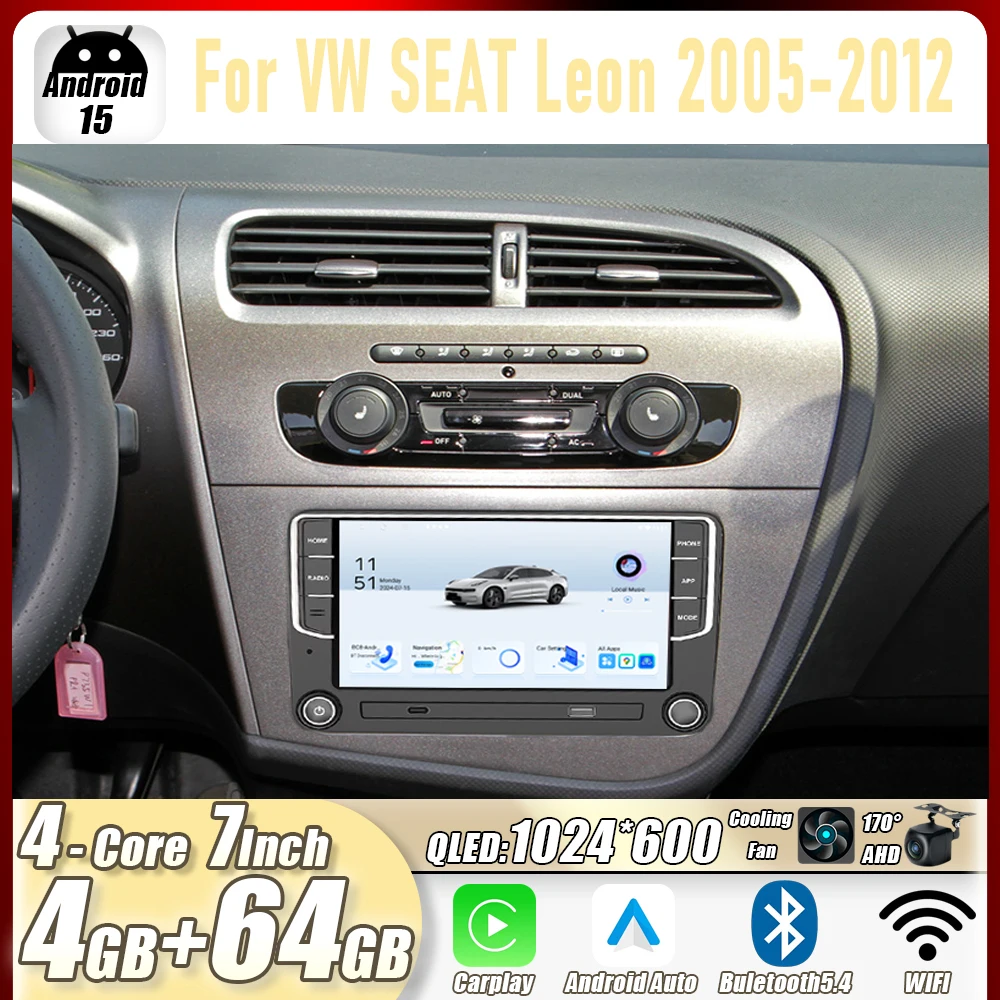 GPS de 7 Pulgadas para VW SEAT Leon 2005-2012, Radio Estéreo para Auto, CarPlay, Android 15, Unidad Principal para Auto, 4G+WIFI, Reproductor Multimedia con Navegación, 4GB+64GB