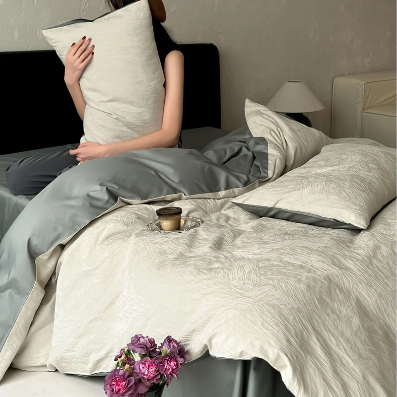 Luxury 100S Yarn-Dyed Jacquard Bed Sets High-End Long-Staple Cotton Skin-Friendly Bedding Set French Chic Soft Bedroom Decor