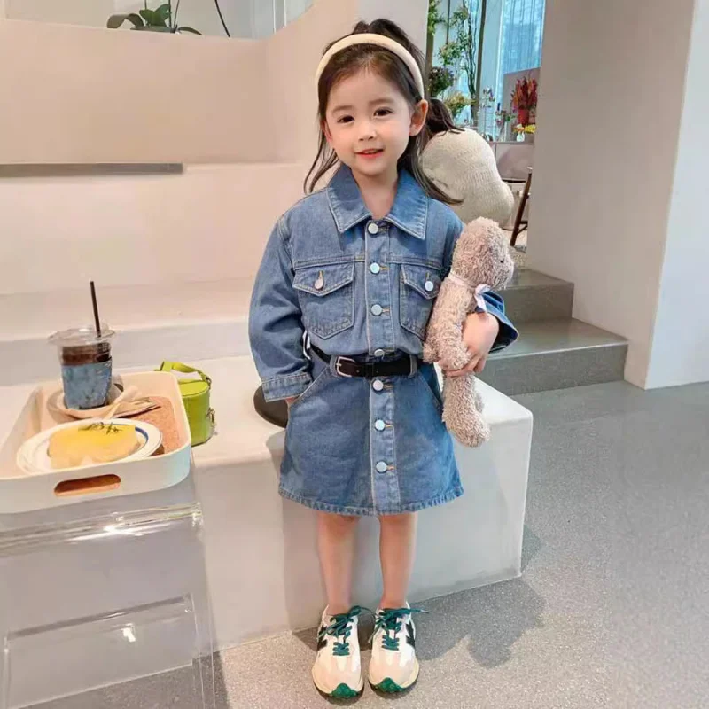 

Hnq-Girls' Denim Skirt Spring and Autumn Long-Sleeve Children One-Piece Dress Children Shirt3-8Children's Clothing One Piece Dro