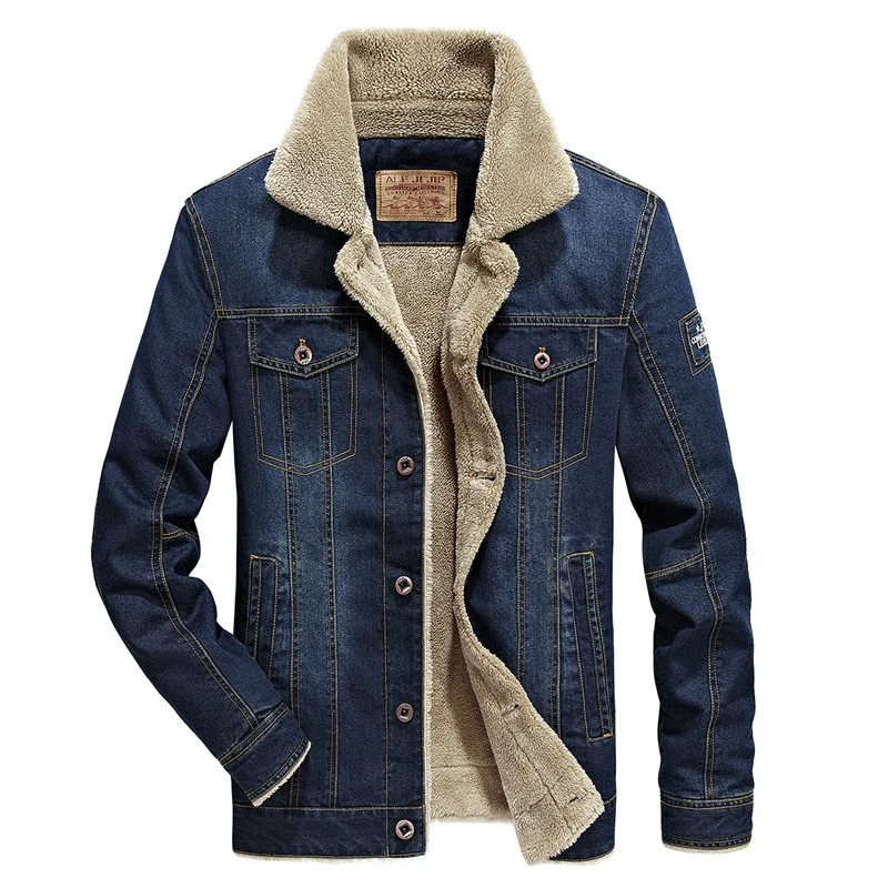 

Autumn Winter Young & Middle-aged Men's Casual Fleece Denim Loose Large Size Thickened Multi-bag Jacket