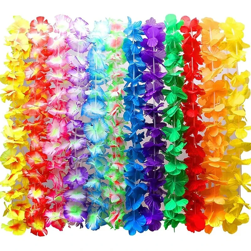 6/12/24Pcs Hawaiian Leis Party Flower Necklace Colorful Tropical Hawaiian Bulk Summer Beach Holiday Pool Birthday Party Decor